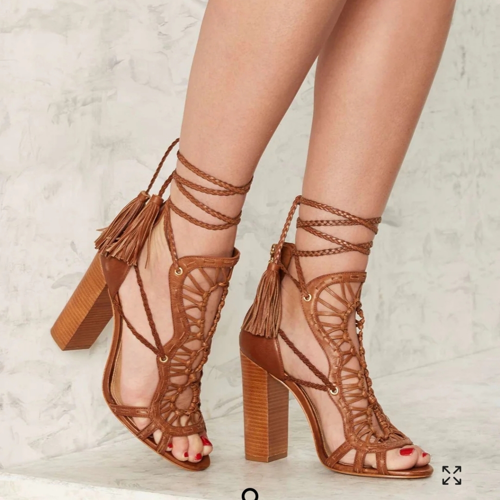SCHUTZ Dubai gladiator tassel leather block heel sandals